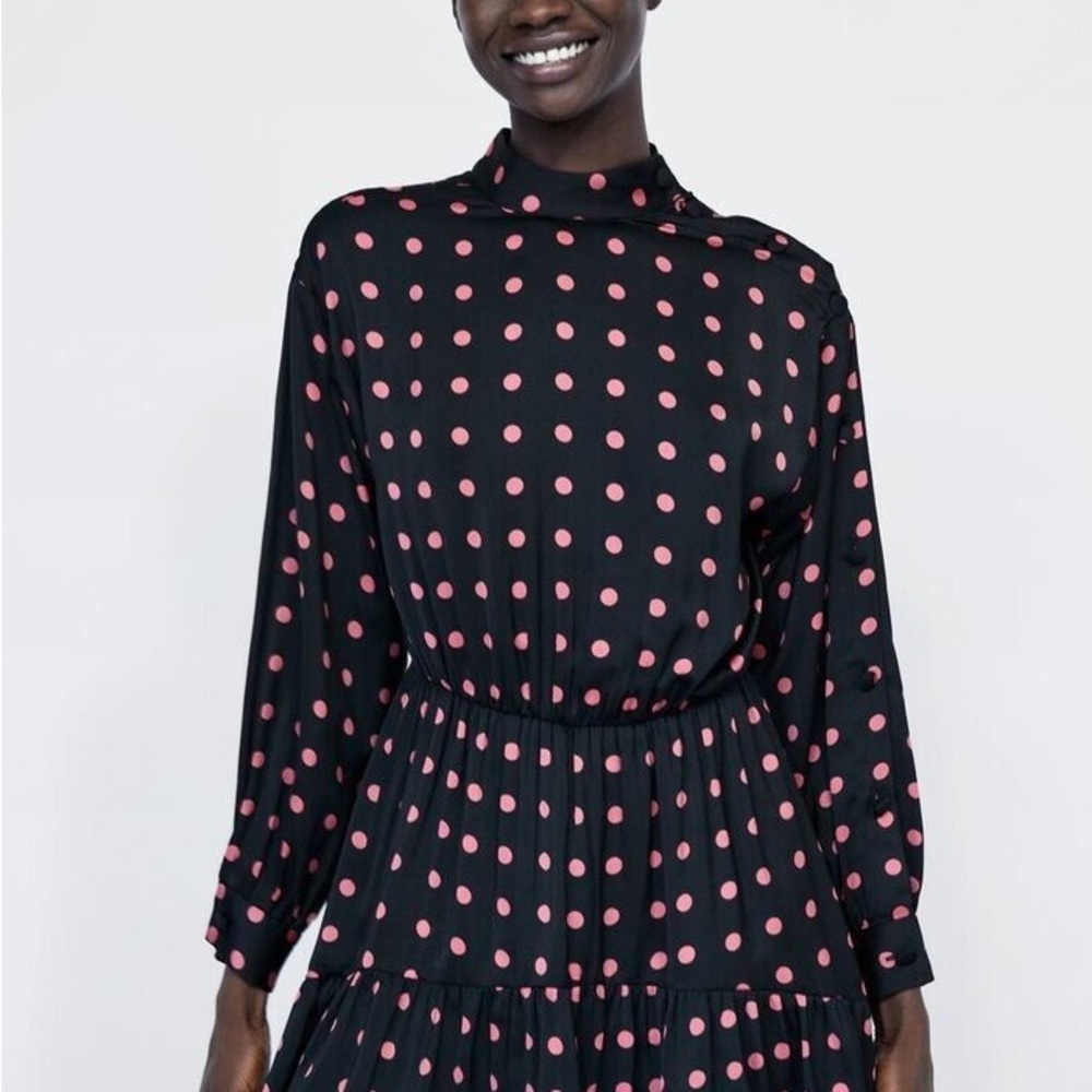 Zara Basic Polka Dot Silky Button Sleeve Flounce/… - image 4